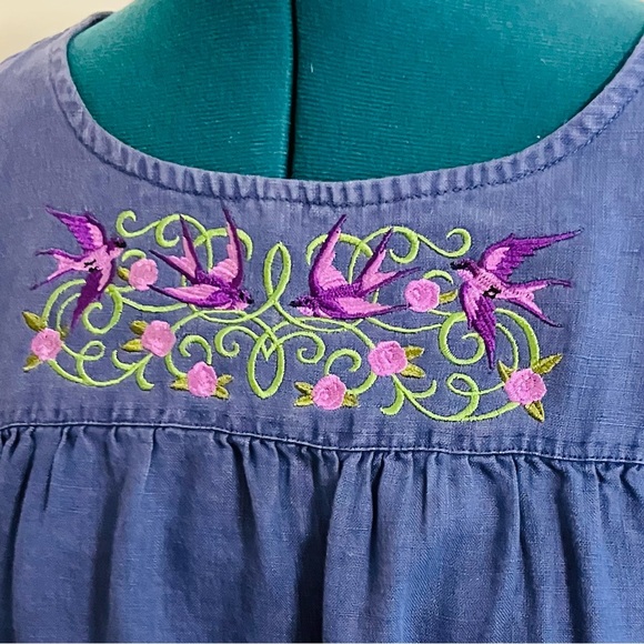 OOAK Sparrow embroidered Artisan Ny Blue Flutter Sleeve Mini Sundress - Picture 2 of 6